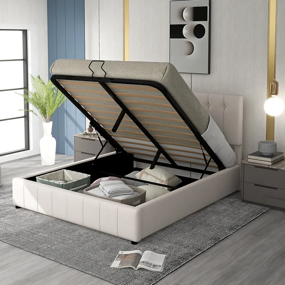 Lit rembourré 140 sur 200 cm coffre hydraulique tête de lit réglable sommier métal velours crème pour adultes ou invités