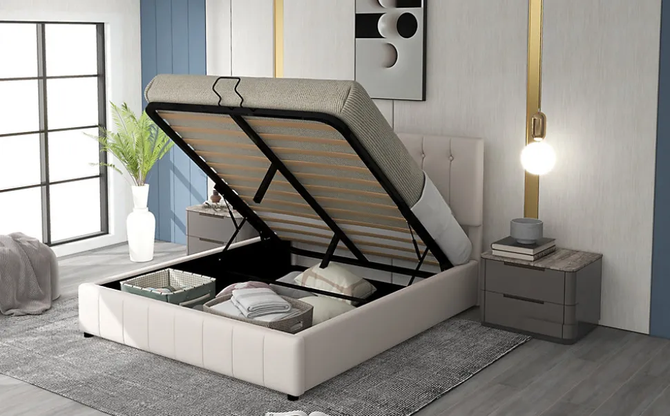 Lit rembourré 140 sur 200 cm coffre hydraulique tête de lit réglable sommier métal velours crème pour adultes ou invités