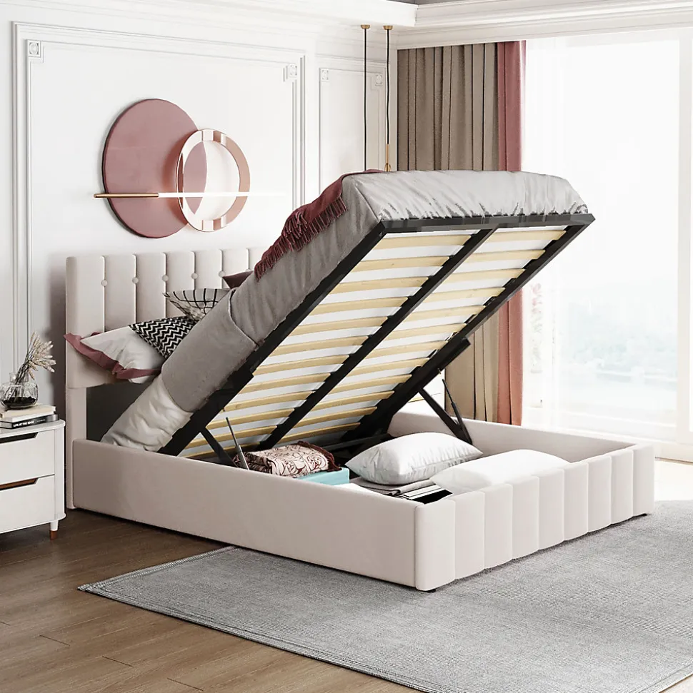 Lit rembourré 140 sur 200 cm coffre hydraulique tête de lit réglable sommier métal velours crème pour adultes ou invités