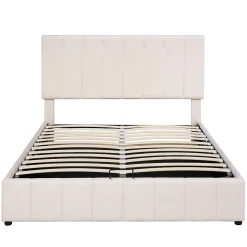 Lit rembourré 140 sur 200 cm coffre hydraulique tête de lit réglable sommier métal velours crème pour adultes ou invités