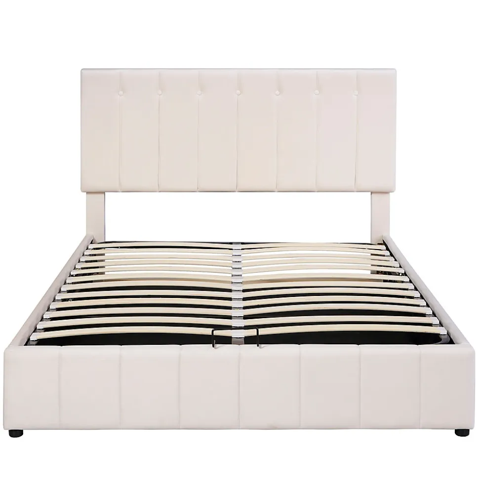 Lit rembourré 140 sur 200 cm coffre hydraulique tête de lit réglable sommier métal velours crème pour adultes ou invités