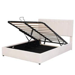 Lit rembourré 140 sur 200 cm coffre hydraulique tête de lit réglable sommier métal velours crème pour adultes ou invités