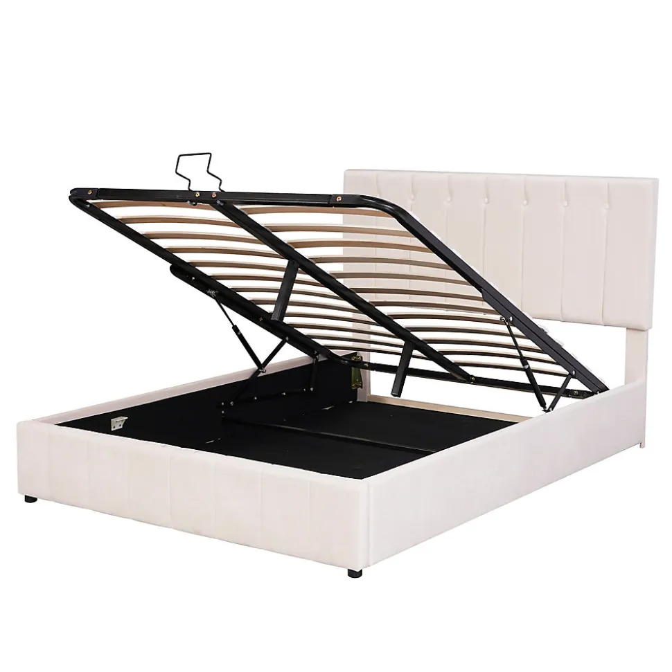 Lit rembourré 140 sur 200 cm coffre hydraulique tête de lit réglable sommier métal velours crème pour adultes ou invités