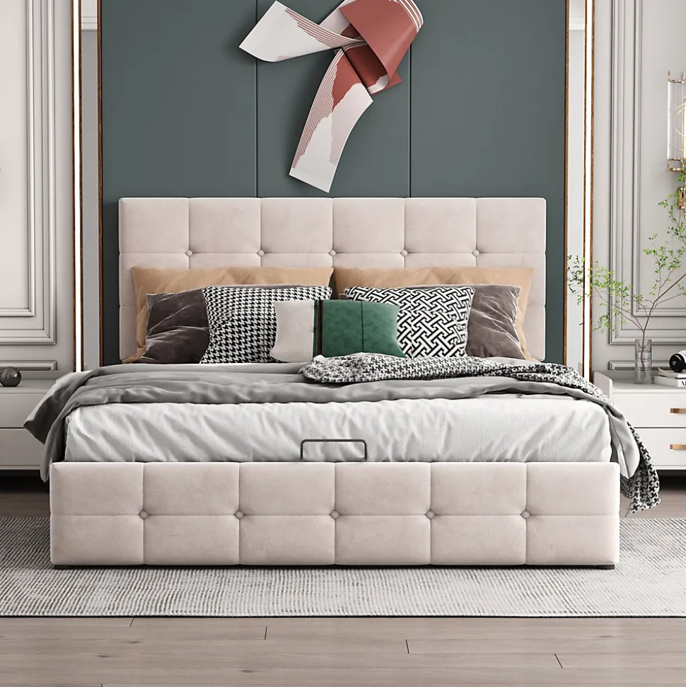 Lit rembourré 140 sur 200 cm coffre hydraulique tête de lit réglable sommier métal velours doux crème pour adultes ou invités