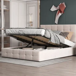 Lit rembourré 140 sur 200 cm coffre hydraulique tête de lit réglable sommier métal velours doux crème pour adultes ou invités