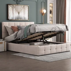 Lit rembourré 140 sur 200 cm coffre hydraulique tête de lit réglable sommier métal velours doux crème pour adultes ou invités