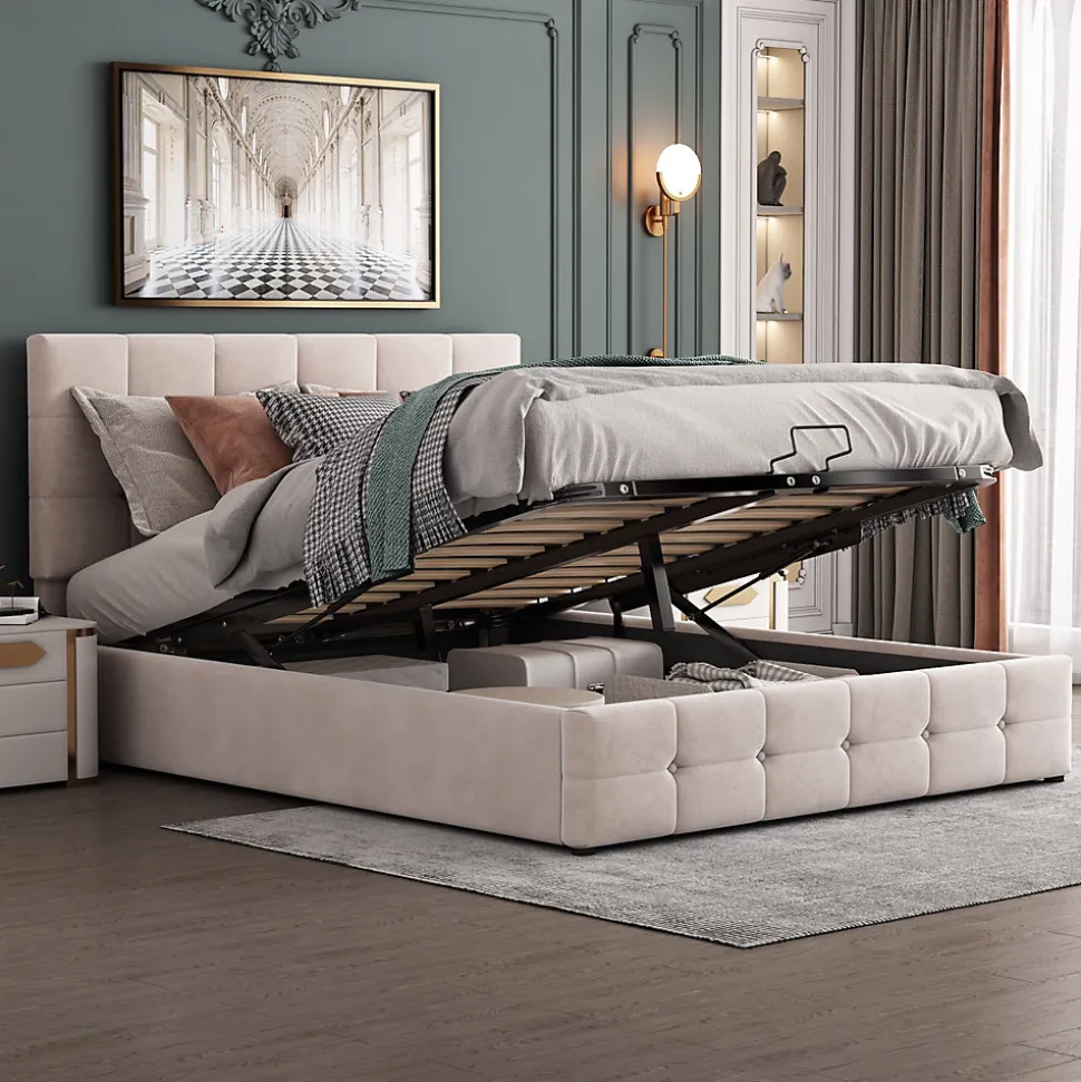 Lit rembourré 140 sur 200 cm coffre hydraulique tête de lit réglable sommier métal velours doux crème pour adultes ou invités