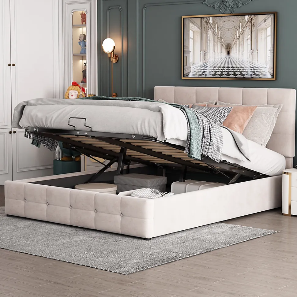 Lit rembourré 140 sur 200 cm coffre hydraulique tête de lit réglable sommier métal velours doux crème pour adultes ou invités