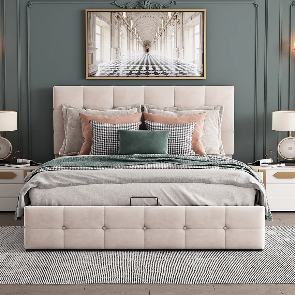 Lit rembourré 140 sur 200 cm coffre hydraulique tête de lit réglable sommier métal velours doux crème pour adultes ou invités