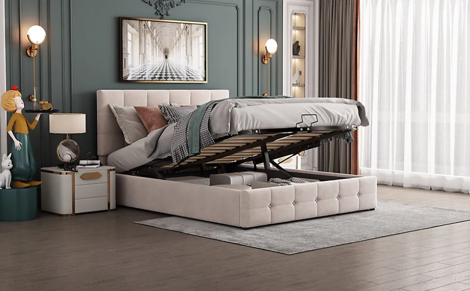 Lit rembourré 140 sur 200 cm coffre hydraulique tête de lit réglable sommier métal velours doux crème pour adultes ou invités