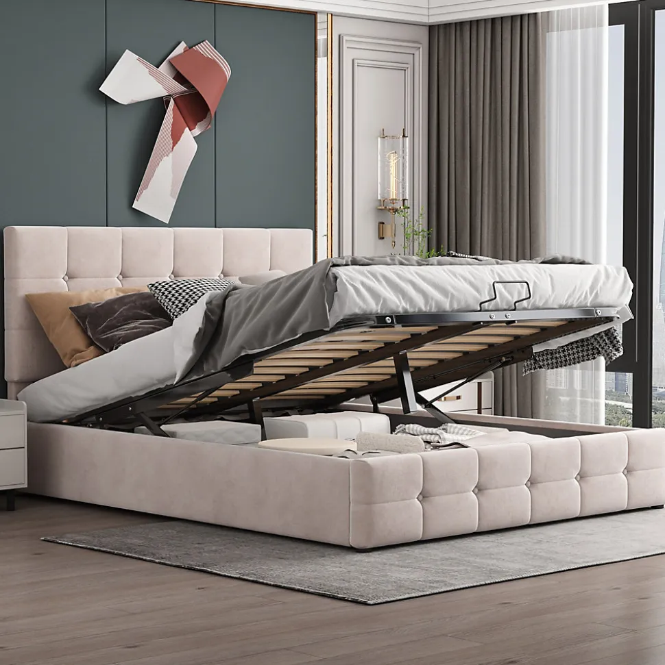 Lit rembourré 140 sur 200 cm coffre hydraulique tête de lit réglable sommier métal velours doux crème pour adultes ou invités