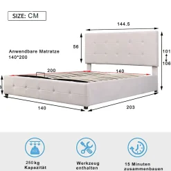 Lit rembourré 140 sur 200 cm coffre hydraulique tête de lit réglable sommier métal velours doux crème pour adultes ou invités