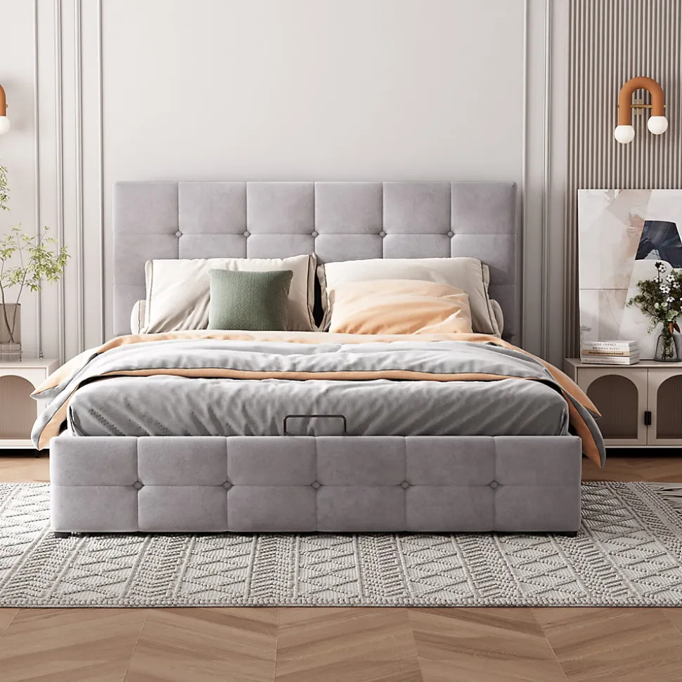 Lit rembourré 140 sur 200 cm coffre hydraulique tête réglable sommier métal velours gris