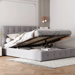 Lit rembourré 140 sur 200 cm coffre hydraulique tête réglable sommier métal velours gris