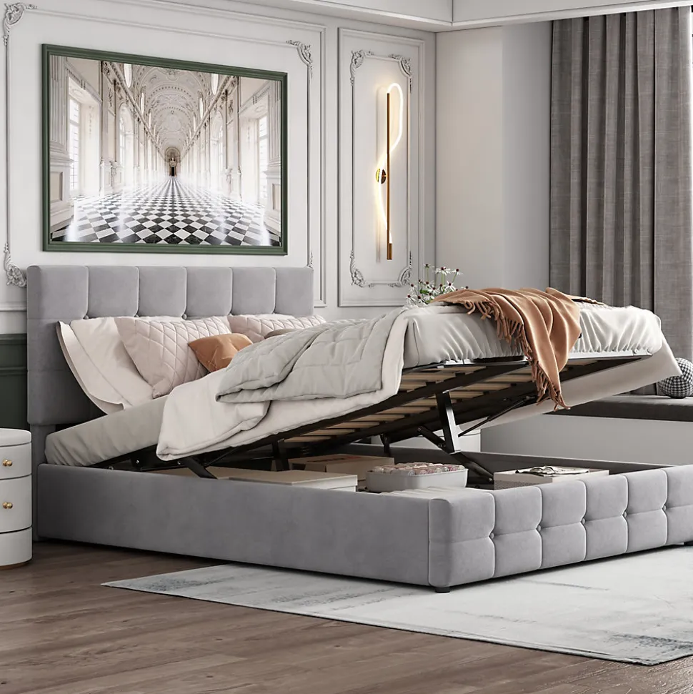 Lit rembourré 140 sur 200 cm coffre hydraulique tête réglable sommier métal velours gris