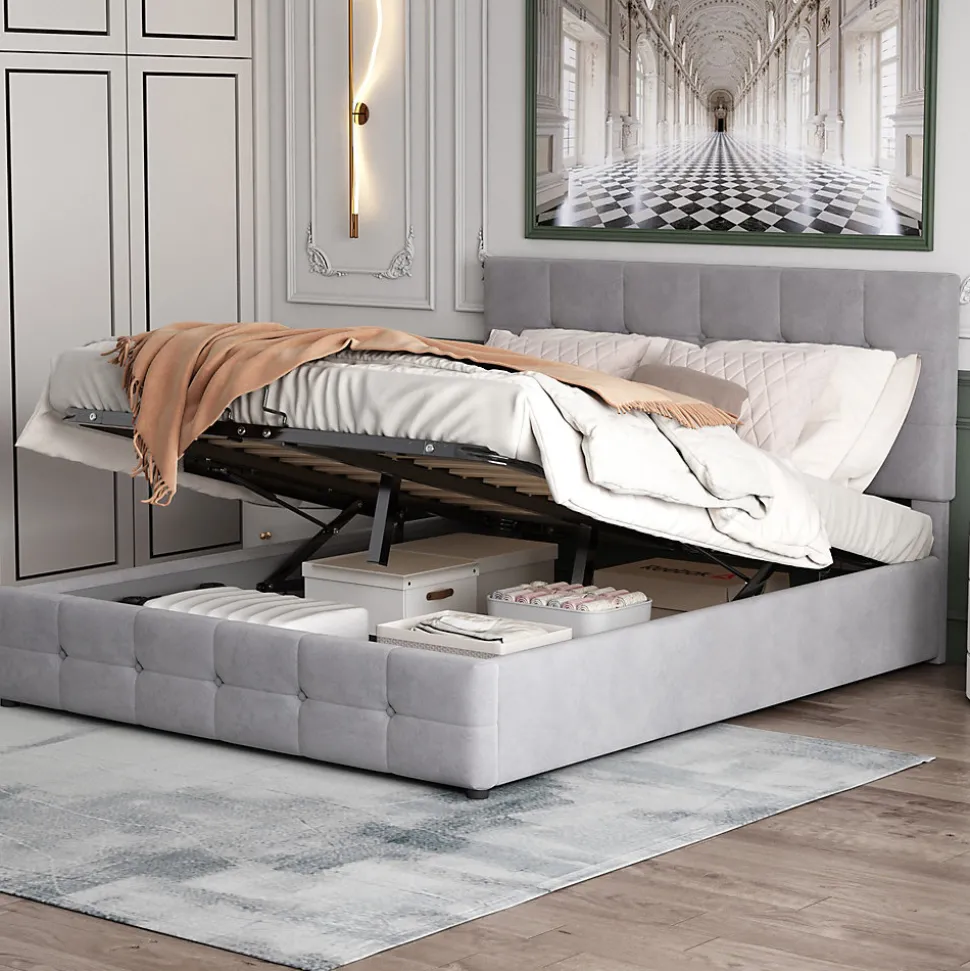 Lit rembourré 140 sur 200 cm coffre hydraulique tête réglable sommier métal velours gris
