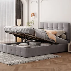 Lit rembourré 140 sur 200 cm coffre hydraulique tête réglable sommier métal velours gris