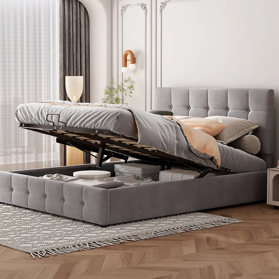 Lit rembourré 140 sur 200 cm coffre hydraulique tête réglable sommier métal velours gris