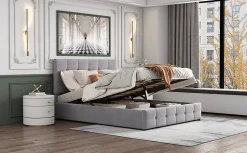 Lit rembourré 140 sur 200 cm coffre hydraulique tête réglable sommier métal velours gris