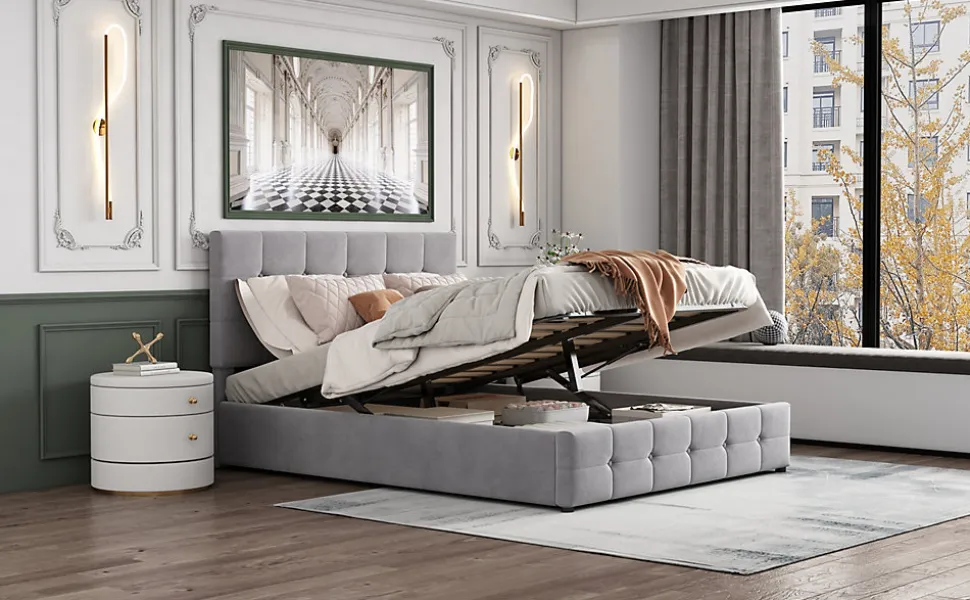 Lit rembourré 140 sur 200 cm coffre hydraulique tête réglable sommier métal velours gris