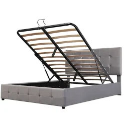 Lit rembourré 140 sur 200 cm coffre hydraulique tête réglable sommier métal velours gris