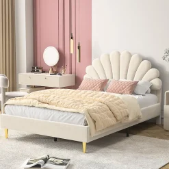 Lit Rembourré 140 X 200 Cm, Lit Double Avec Tête De Lit à Pétales Et Sommier à Lattes, Velours,beige