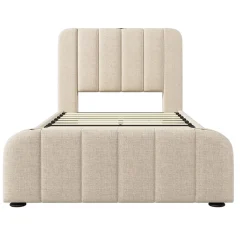 Lit rembourré 90 x 200 cm, lit simple avec 4 tiroirs, tête de lit avec fonction de recharge USB Type-C, lin, beige, sans matelas