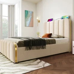 Lit rembourré 90 x 200 cm, lit simple avec 4 tiroirs, tête de lit avec fonction de recharge USB Type-C, lin, beige, sans matelas