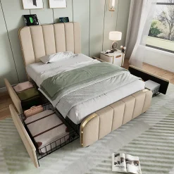 Lit rembourré 90 x 200 cm, lit simple avec 4 tiroirs, tête de lit avec fonction de recharge USB Type-C, lin, beige, sans matelas