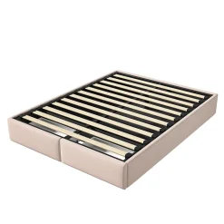 Lit rembourré coffre 140x200 cm avec 2 tiroirs, lit adulte avec sommier à lattes, sans tête de lit, tissu en lin, beige