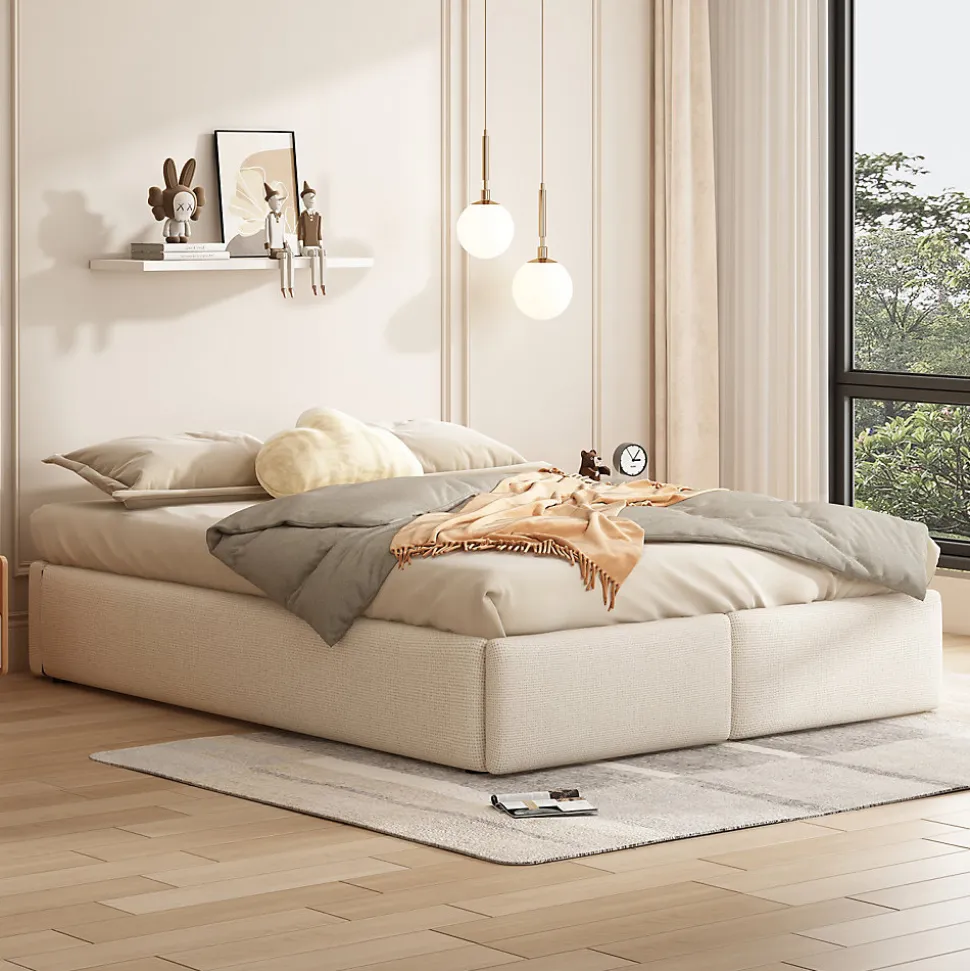 Lit rembourré coffre 140x200 cm avec 2 tiroirs, lit adulte avec sommier à lattes, sans tête de lit, tissu en lin, beige