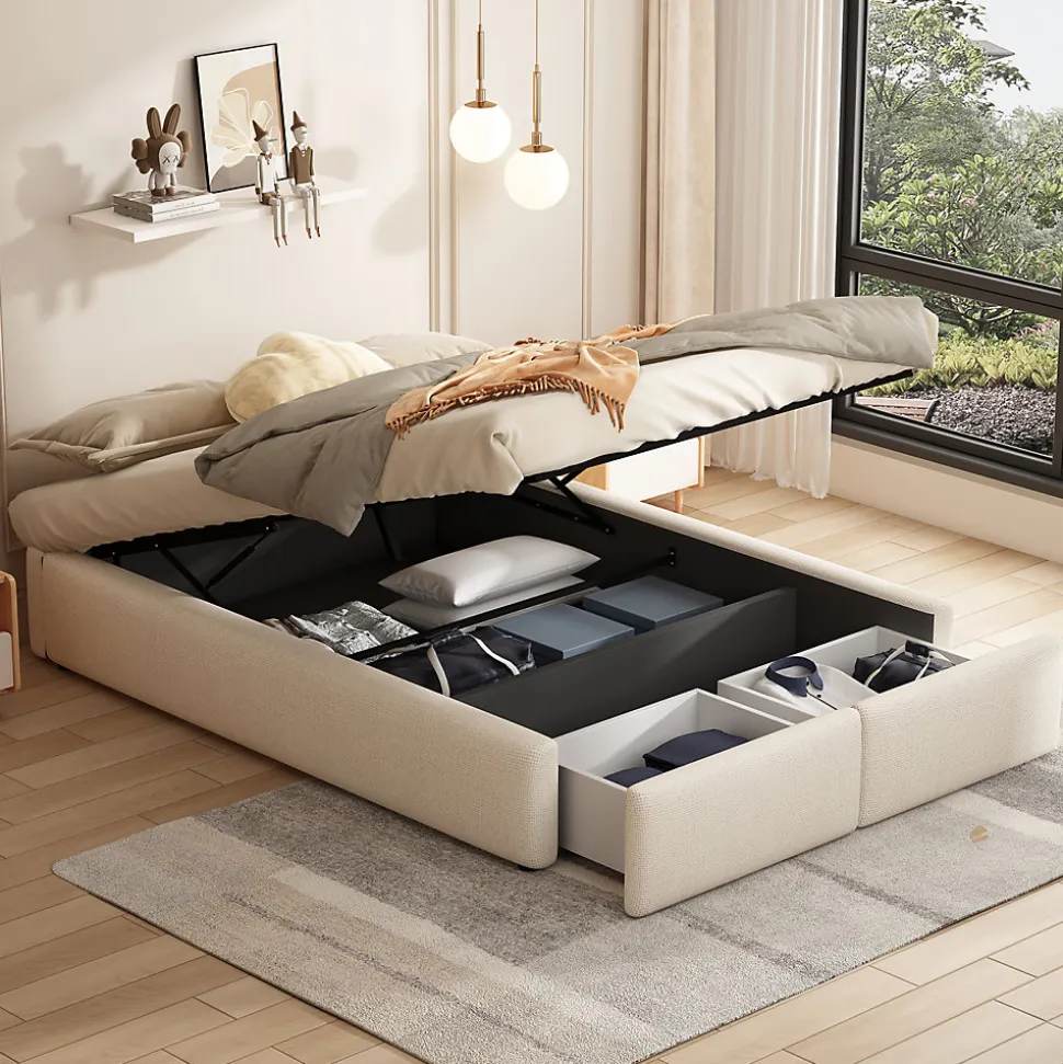 Lit rembourré coffre 140x200 cm avec 2 tiroirs, lit adulte avec sommier à lattes, sans tête de lit, tissu en lin, beige