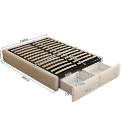 Lit rembourré coffre 140x200 cm avec 2 tiroirs, lit adulte avec sommier à lattes, sans tête de lit, tissu en lin, beige