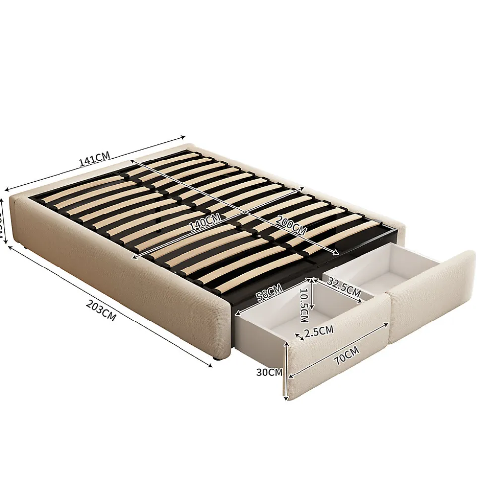 Lit rembourré coffre 140x200 cm avec 2 tiroirs, lit adulte avec sommier à lattes, sans tête de lit, tissu en lin, beige