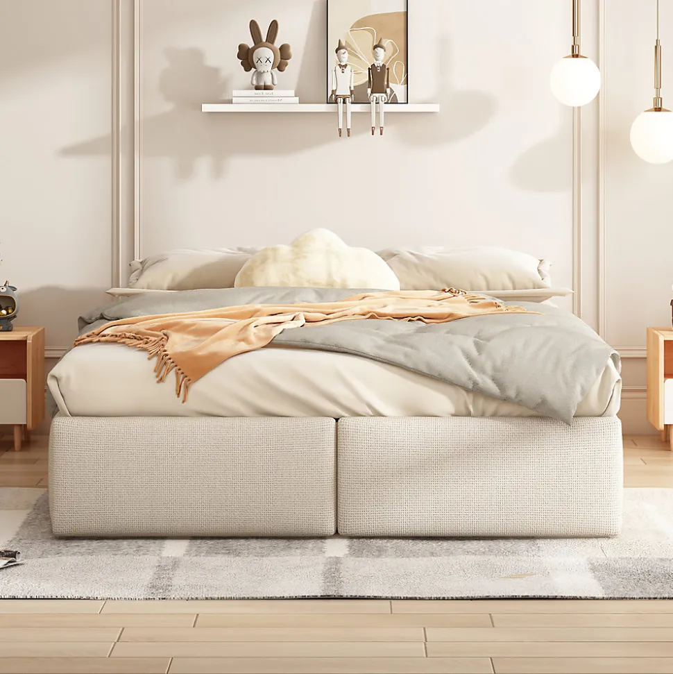 Lit rembourré coffre 140x200 cm avec 2 tiroirs, lit adulte avec sommier à lattes, sans tête de lit, tissu en lin, beige