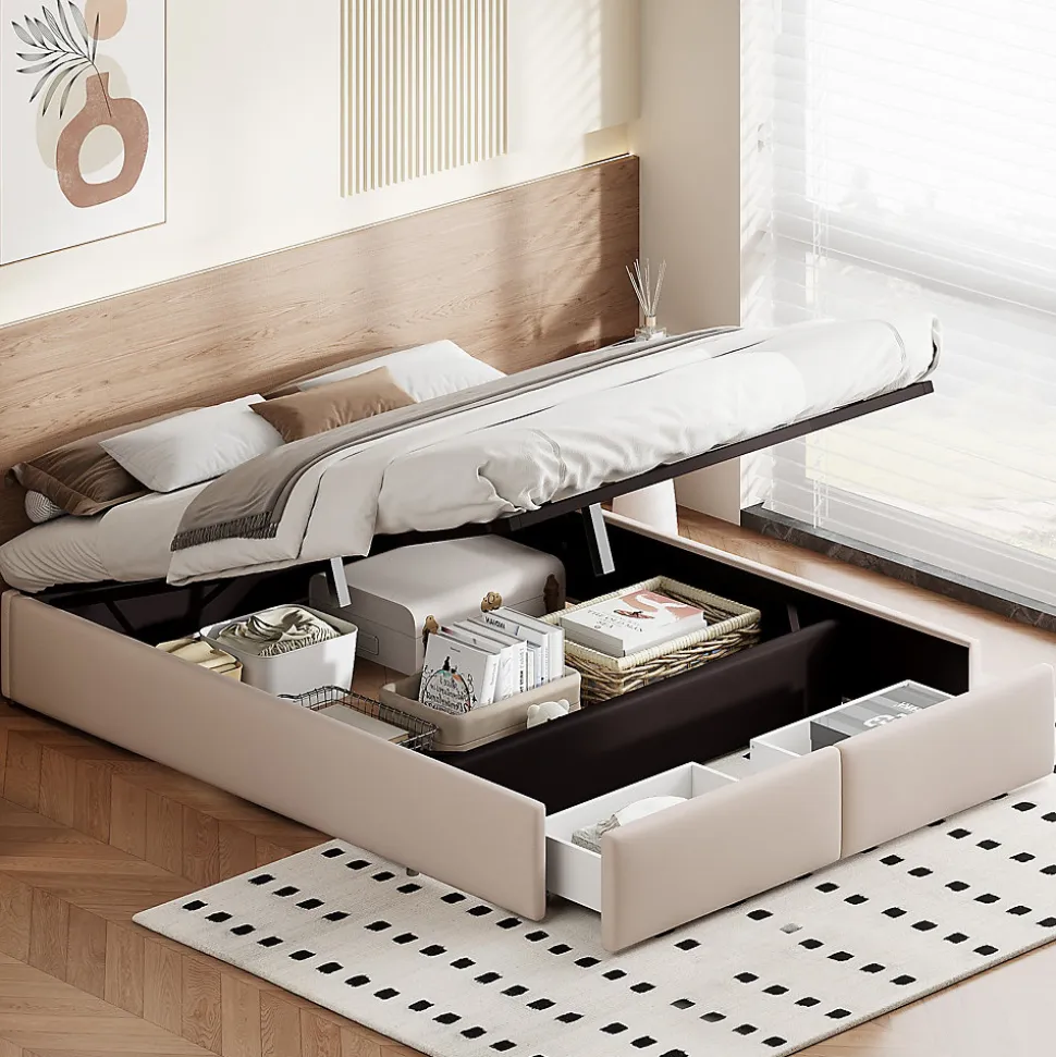 Lit rembourré coffre 140x200 cm avec 2 tiroirs, lit adulte avec sommier à lattes, sans tête de lit, tissu en lin, beige