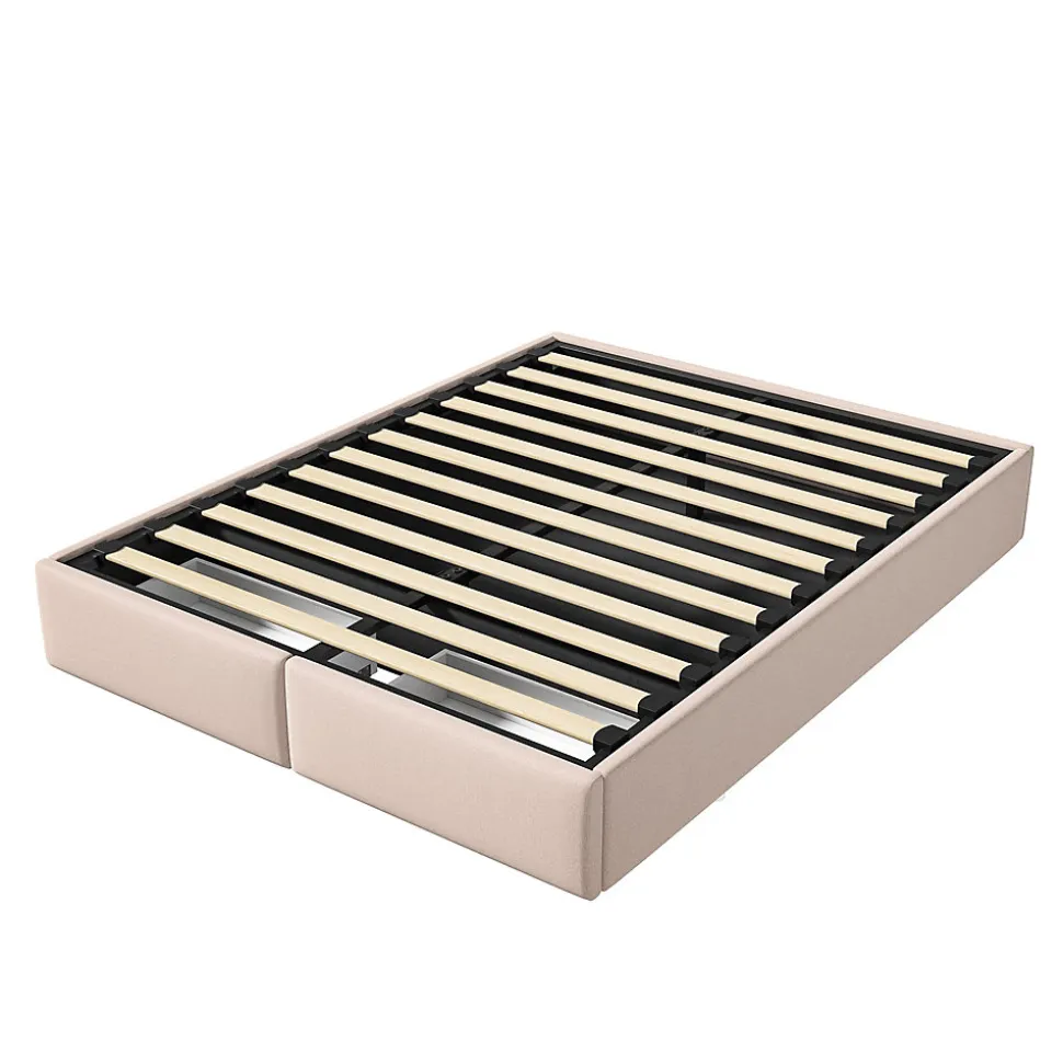 Lit rembourré coffre 140x200 cm avec 2 tiroirs, lit adulte avec sommier à lattes, sans tête de lit, tissu en lin, beige