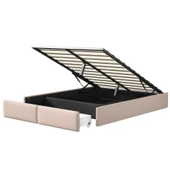 Lit rembourré coffre 140x200 cm avec 2 tiroirs, lit adulte avec sommier à lattes, sans tête de lit, tissu en lin, beige