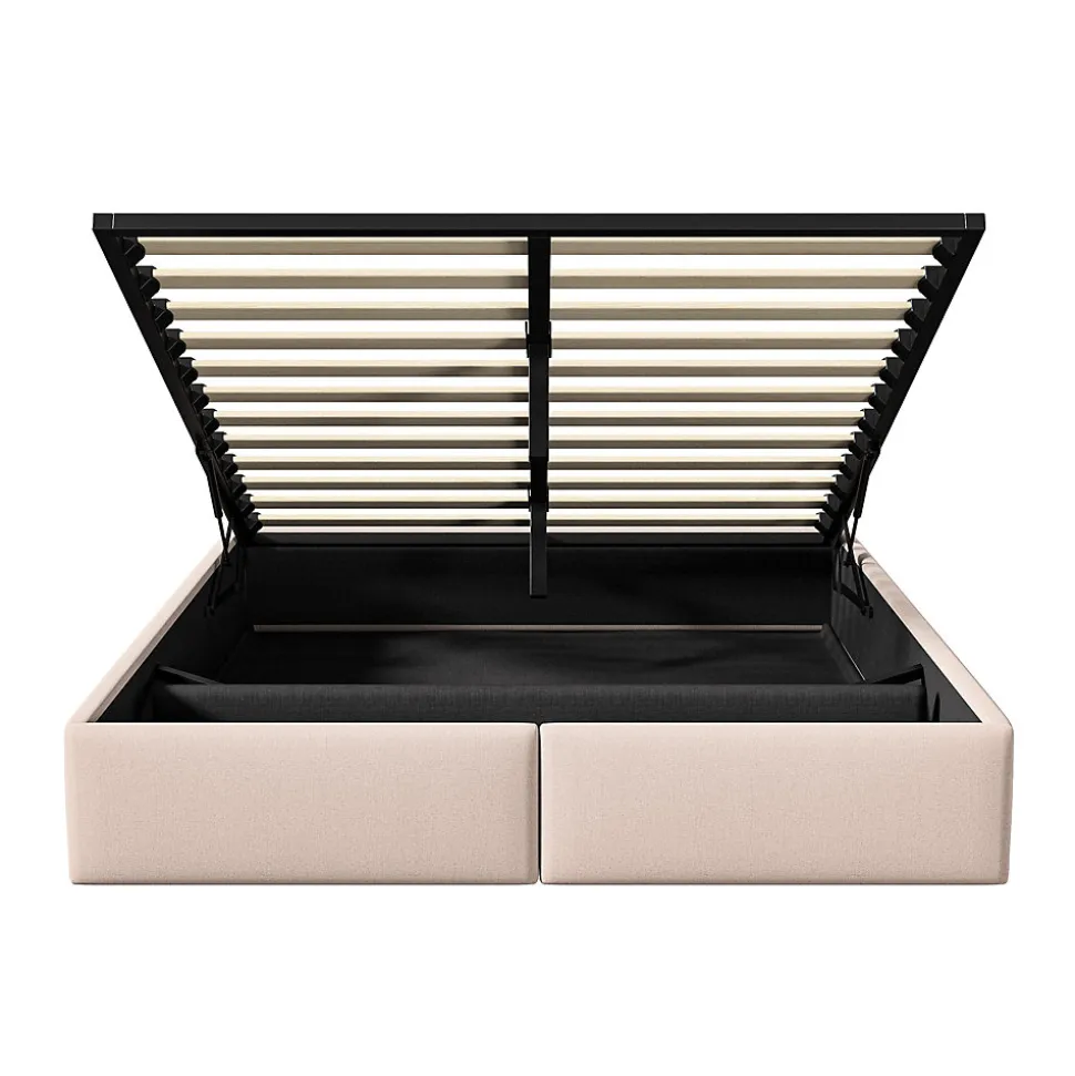 Lit rembourré coffre 140x200 cm avec 2 tiroirs, lit adulte avec sommier à lattes, sans tête de lit, tissu en lin, beige