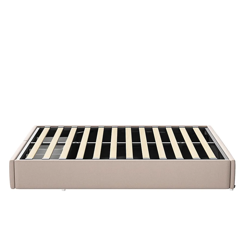 Lit rembourré coffre 140x200 cm avec 2 tiroirs, lit adulte avec sommier à lattes, sans tête de lit, tissu en lin, beige