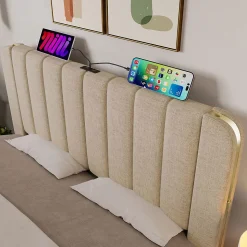 Lit rembourré double 160 x 200 cm, USB Type-C, 4 tiroirs, beige, Blackcolors