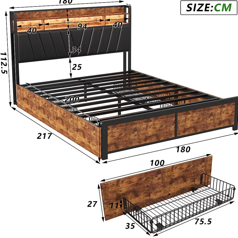 Lit Rembourré En Métal 180 X 200 Cm Avec Tête De Lit, 4 Tiroirs, LED Et Station De Charge