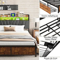 Lit Rembourré En Métal 180 X 200 Cm Avec Tête De Lit, 4 Tiroirs, LED Et Station De Charge