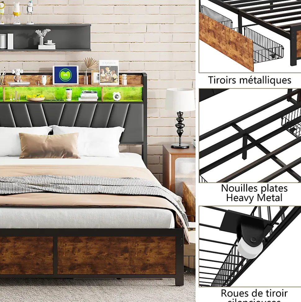 Lit Rembourré En Métal 180 X 200 Cm Avec Tête De Lit, 4 Tiroirs, LED Et Station De Charge