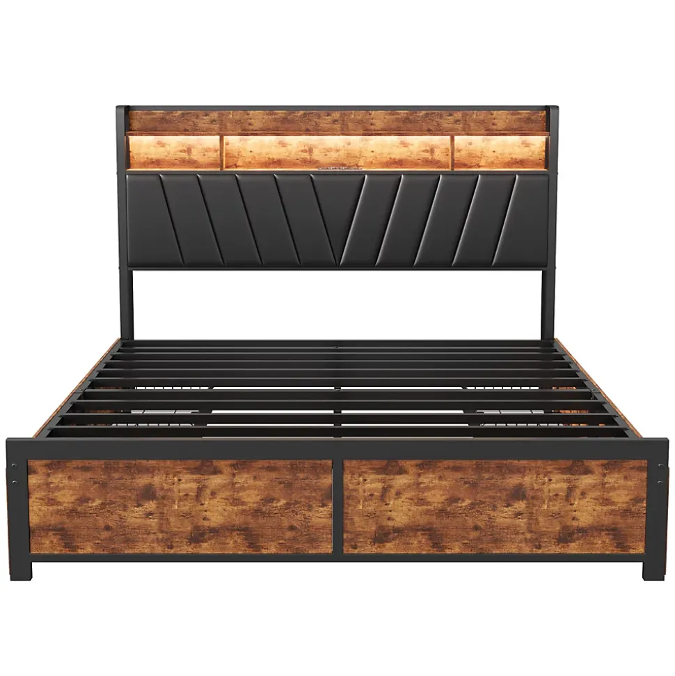 Lit Rembourré En Métal 180 X 200 Cm Avec Tête De Lit, 4 Tiroirs, LED Et Station De Charge