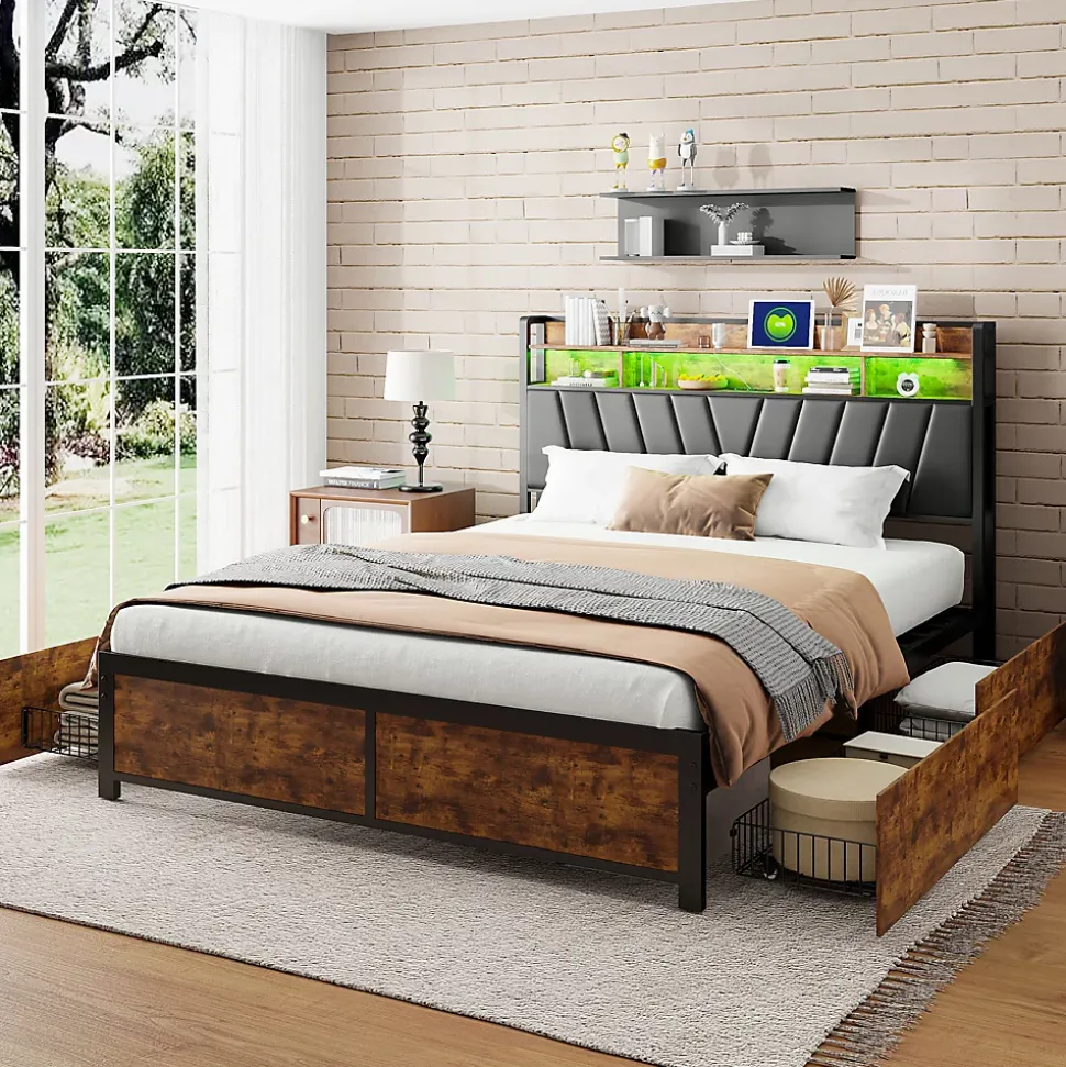 Lit Rembourré En Métal 180 X 200 Cm Avec Tête De Lit, 4 Tiroirs, LED Et Station De Charge