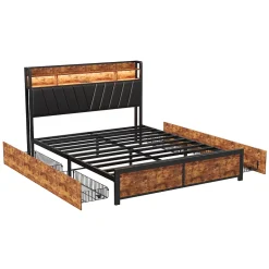 Lit Rembourré En Métal 180 X 200 Cm Avec Tête De Lit, 4 Tiroirs, LED Et Station De Charge