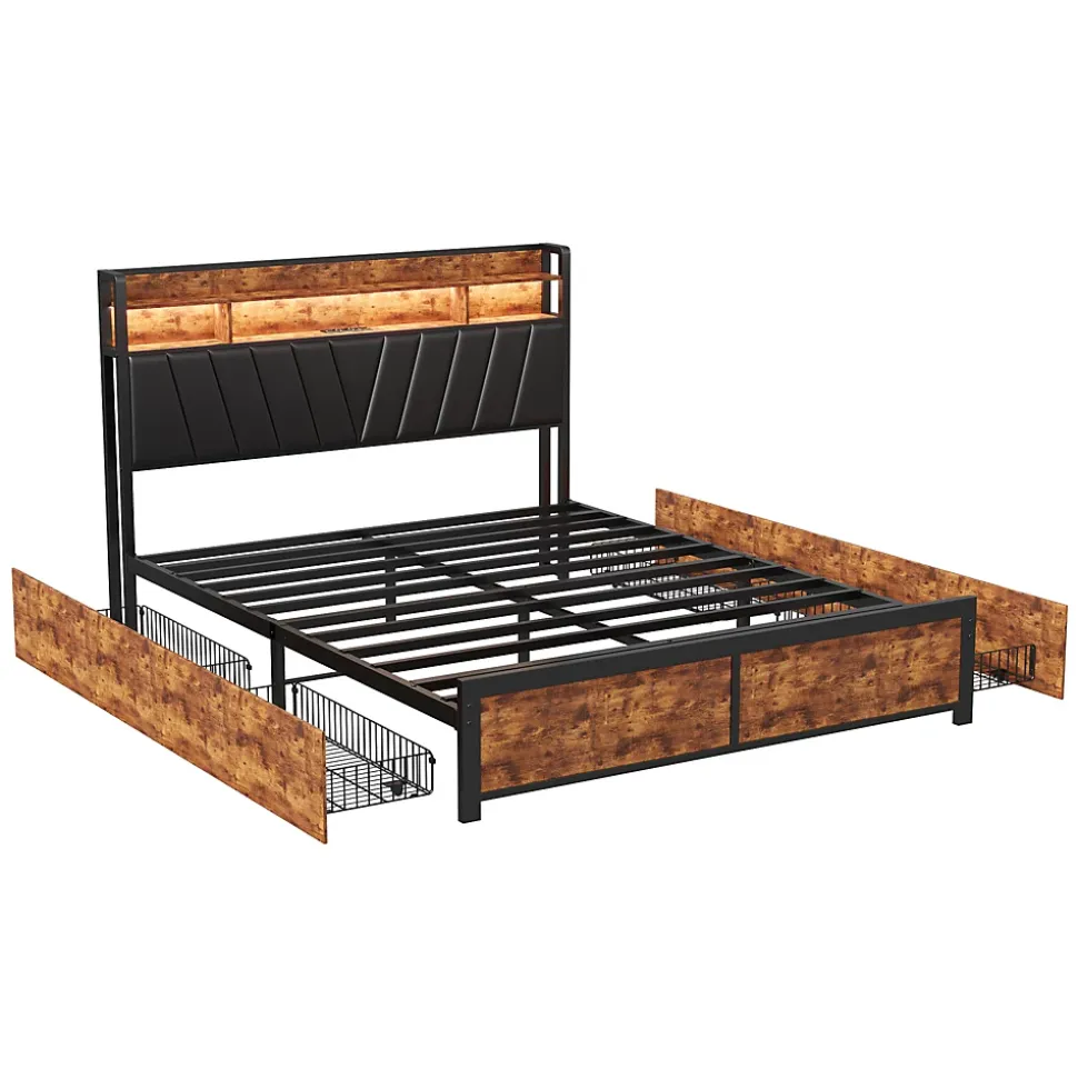 Lit Rembourré En Métal 180 X 200 Cm Avec Tête De Lit, 4 Tiroirs, LED Et Station De Charge