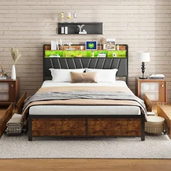 Lit Rembourré En Métal 180 X 200 Cm Avec Tête De Lit, 4 Tiroirs, LED Et Station De Charge