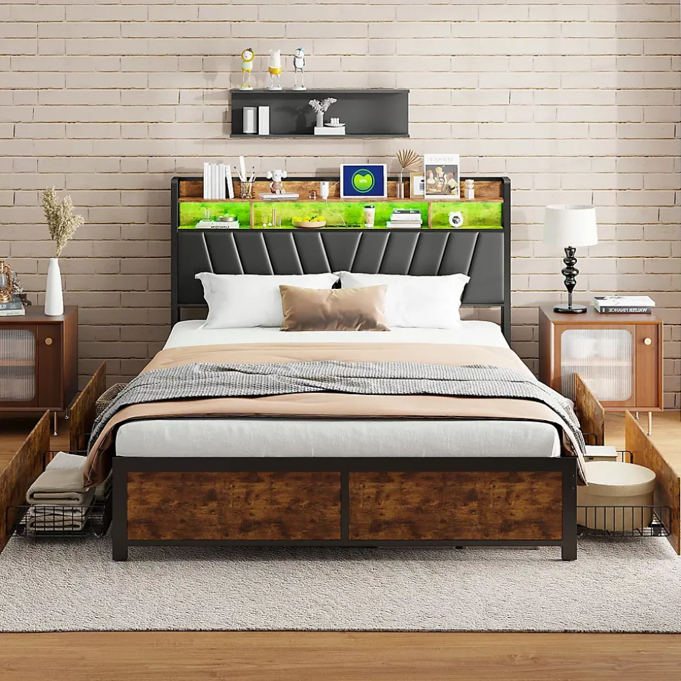 Lit Rembourré En Métal 180 X 200 Cm Avec Tête De Lit, 4 Tiroirs, LED Et Station De Charge